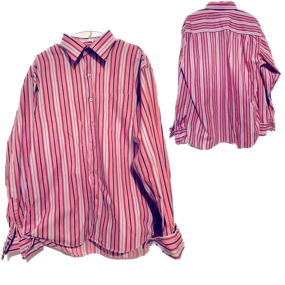 LINEA DOME Pink Striped Cotton Long Sleeve Button Down Shirt French Cuffs XL